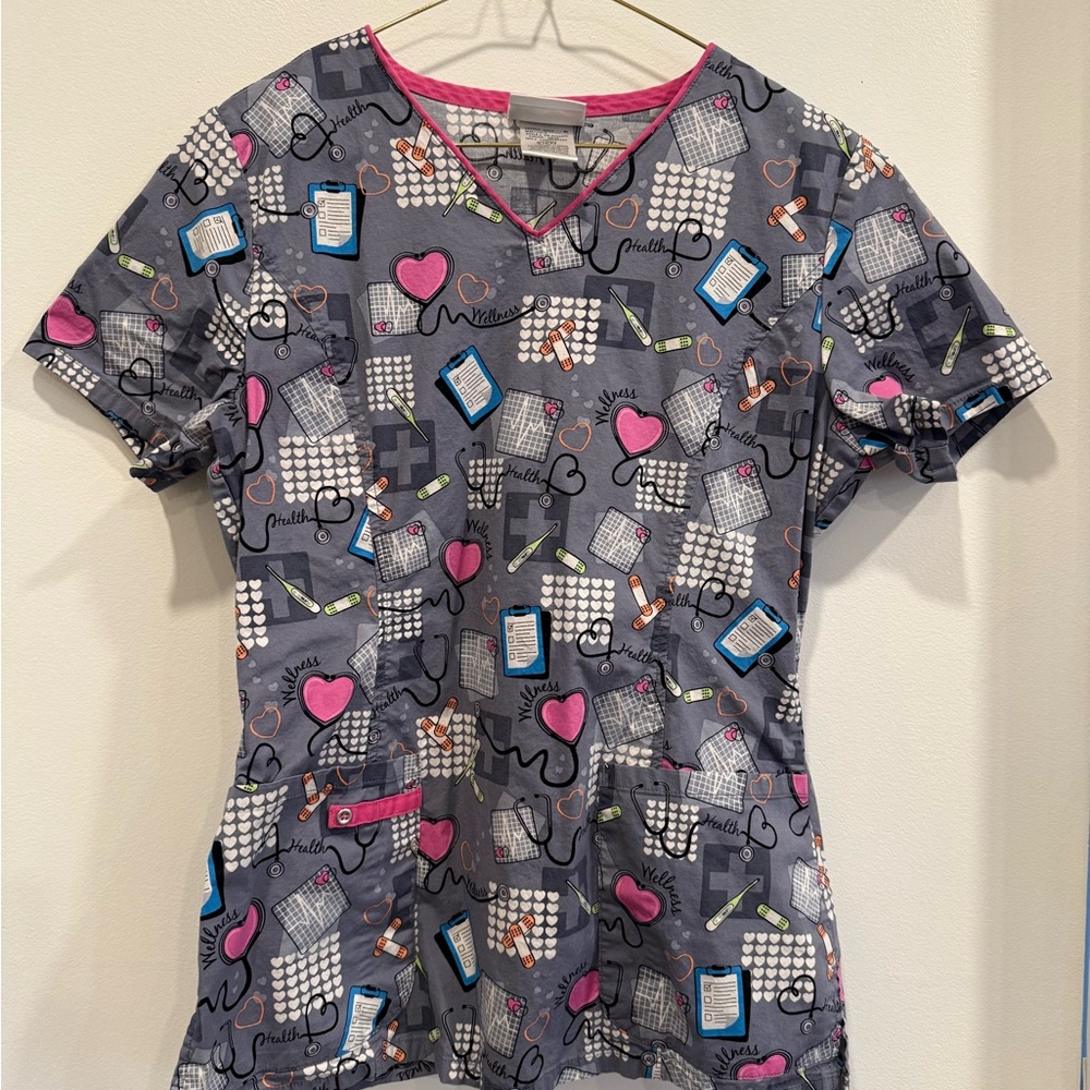 Gray and Pink Heart Patterned Scrub Top